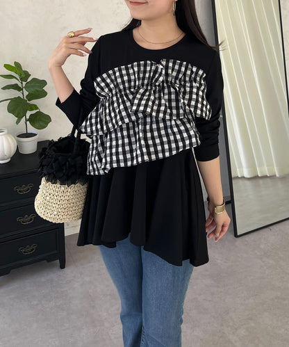 格紋荷葉邊收腰 長袖T恤