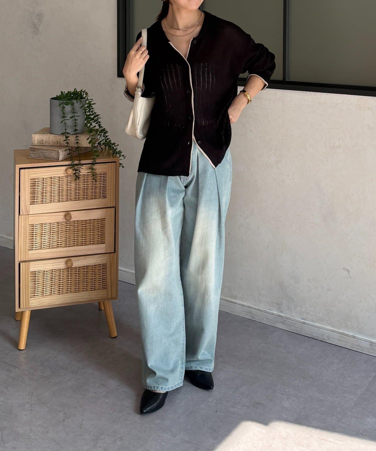 拼色 翻領 透膚針織開衫