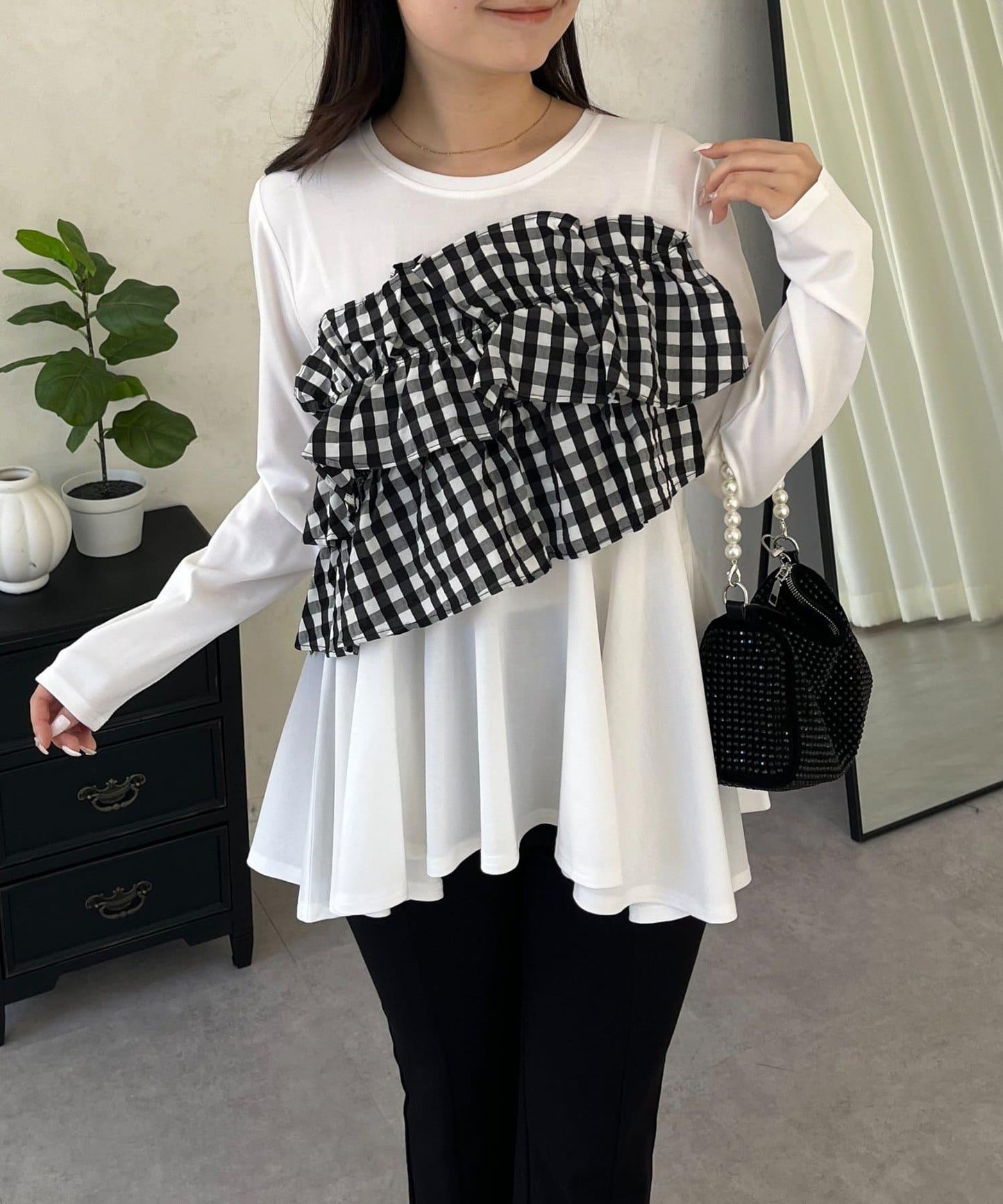 格紋荷葉邊收腰 長袖T恤