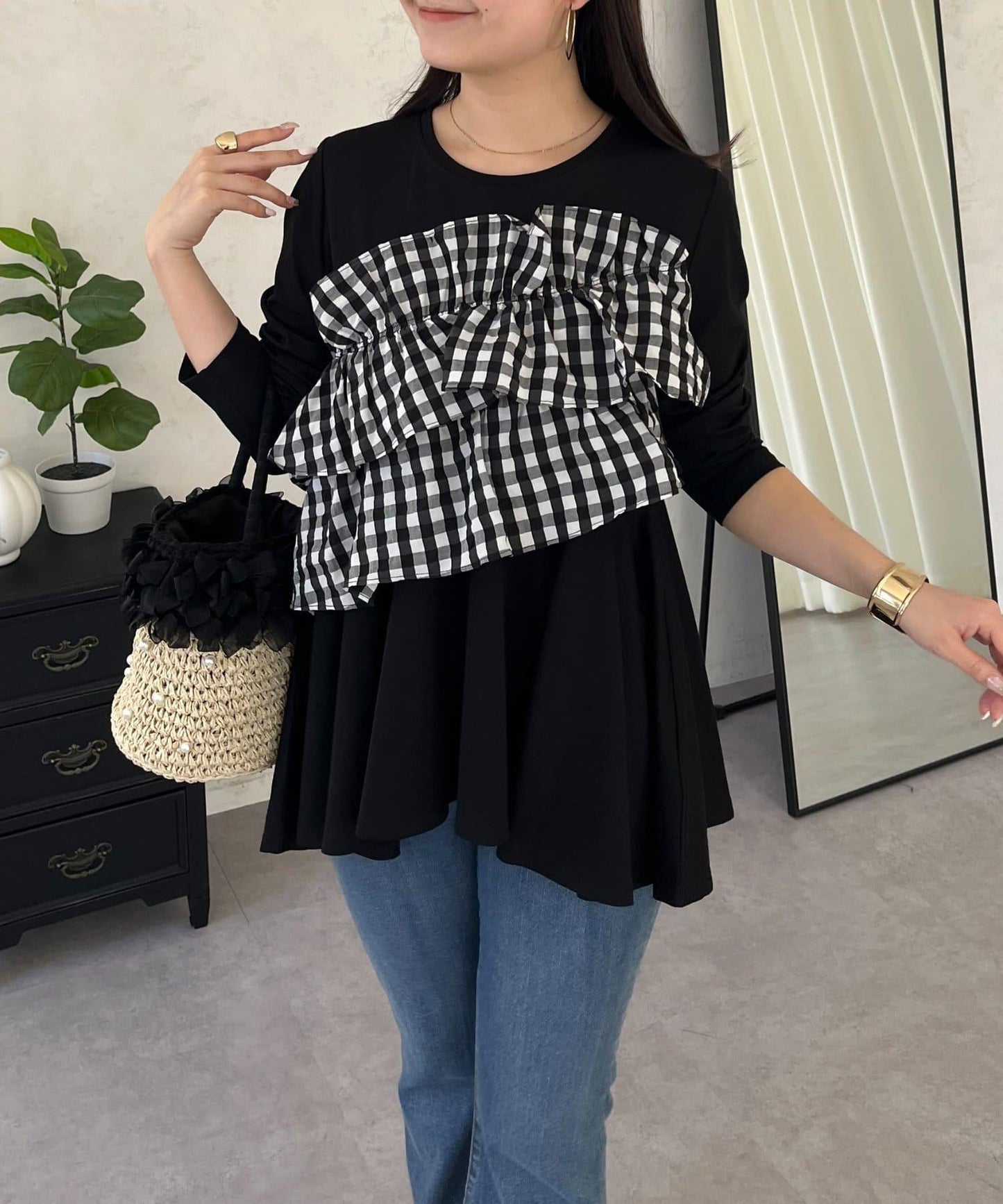 格紋荷葉邊收腰 長袖T恤