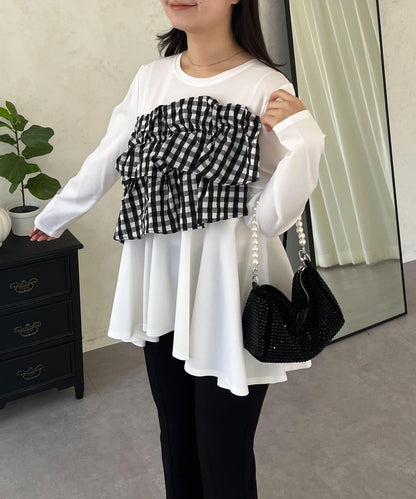 格紋荷葉邊收腰 長袖T恤