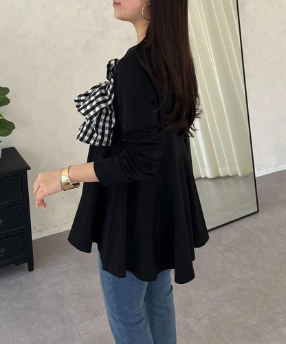格紋荷葉邊收腰 長袖T恤