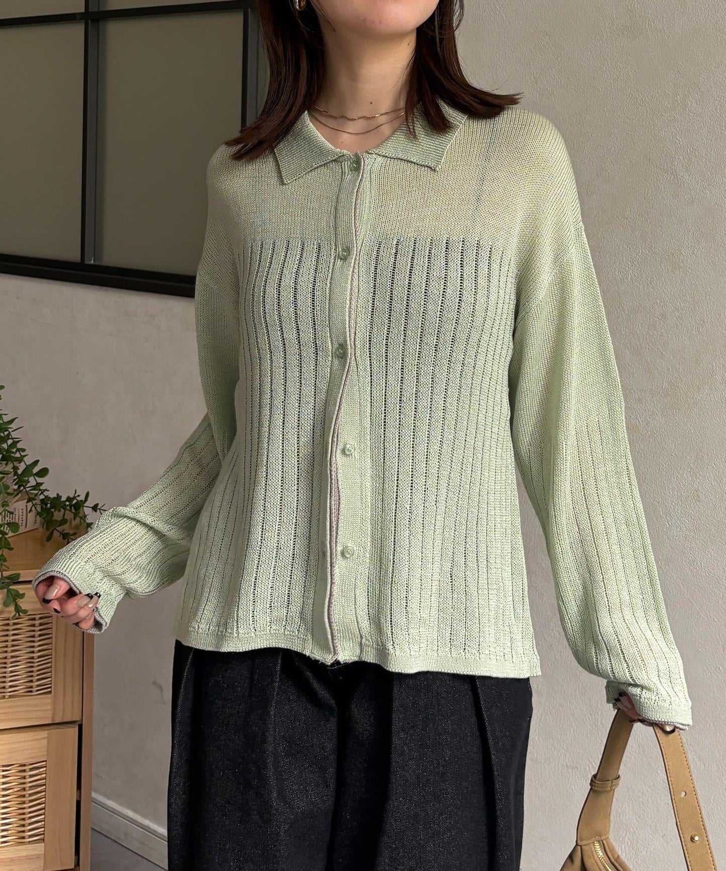 拼色 翻領 透膚針織開衫