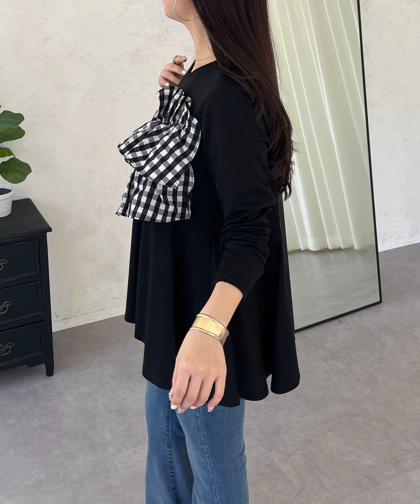 格紋荷葉邊收腰 長袖T恤