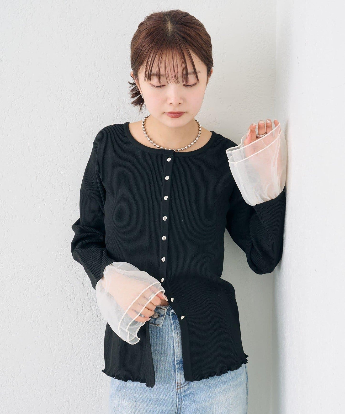 網紗拼接袖 羅紋 針織開衫