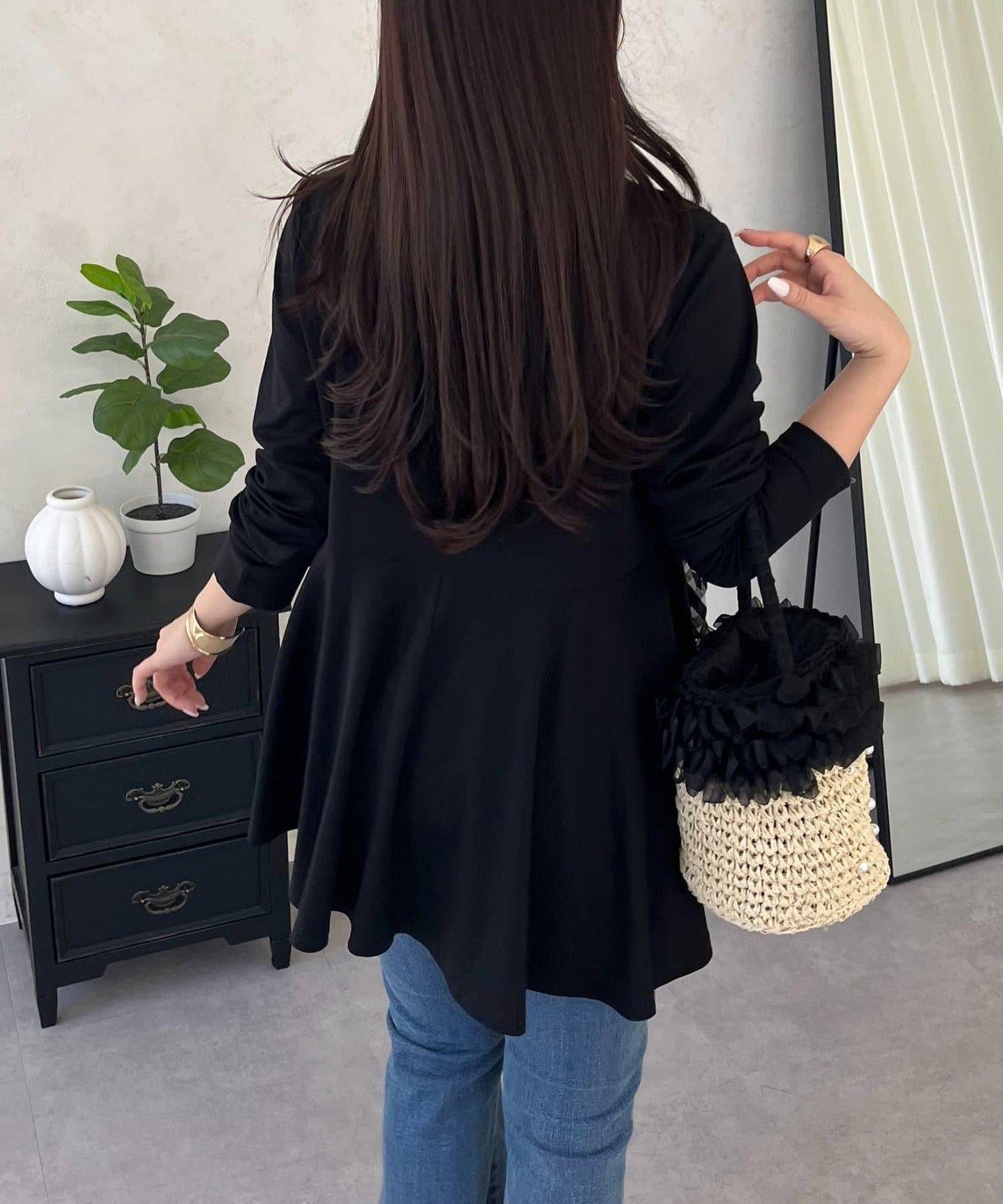 格紋荷葉邊收腰 長袖T恤