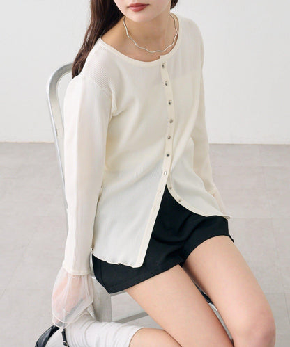 網紗拼接袖 羅紋 針織開衫