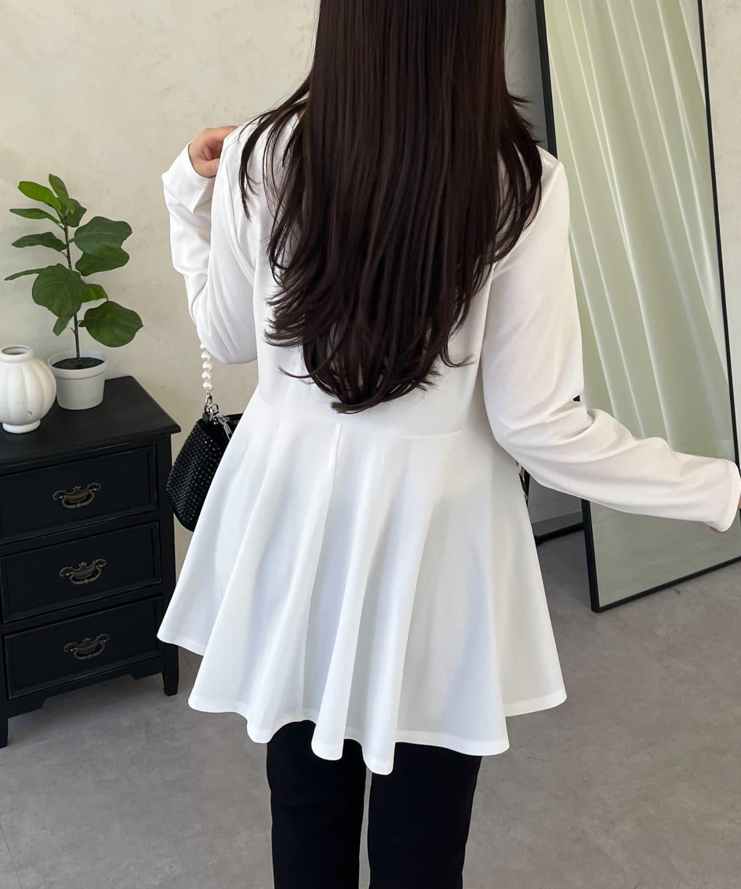 格紋荷葉邊收腰 長袖T恤