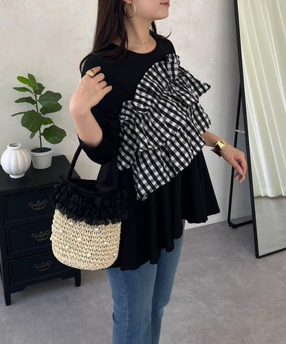 格紋荷葉邊收腰 長袖T恤