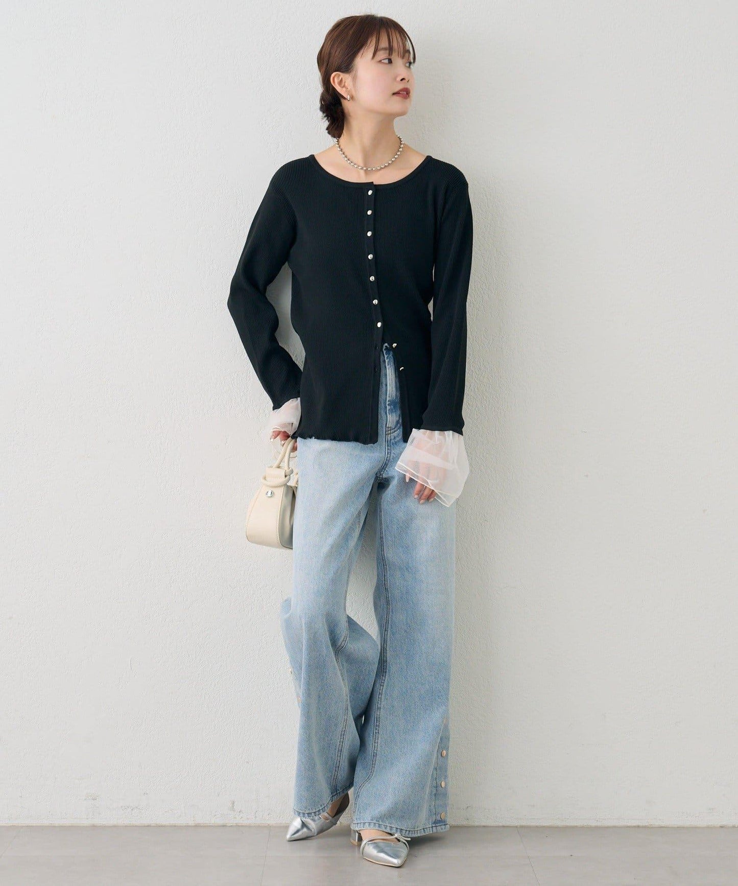 網紗拼接袖 羅紋 針織開衫