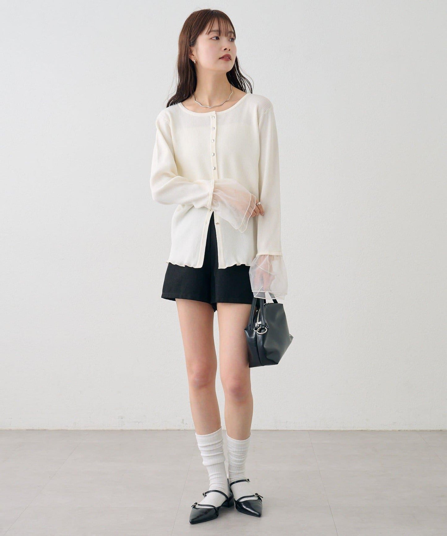 網紗拼接袖 羅紋 針織開衫