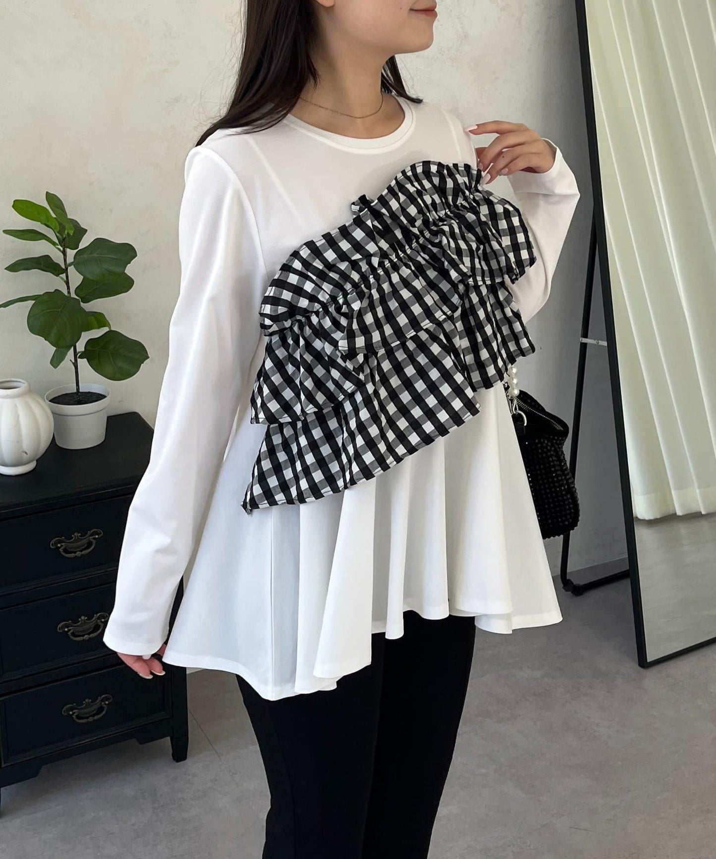 格紋荷葉邊收腰 長袖T恤
