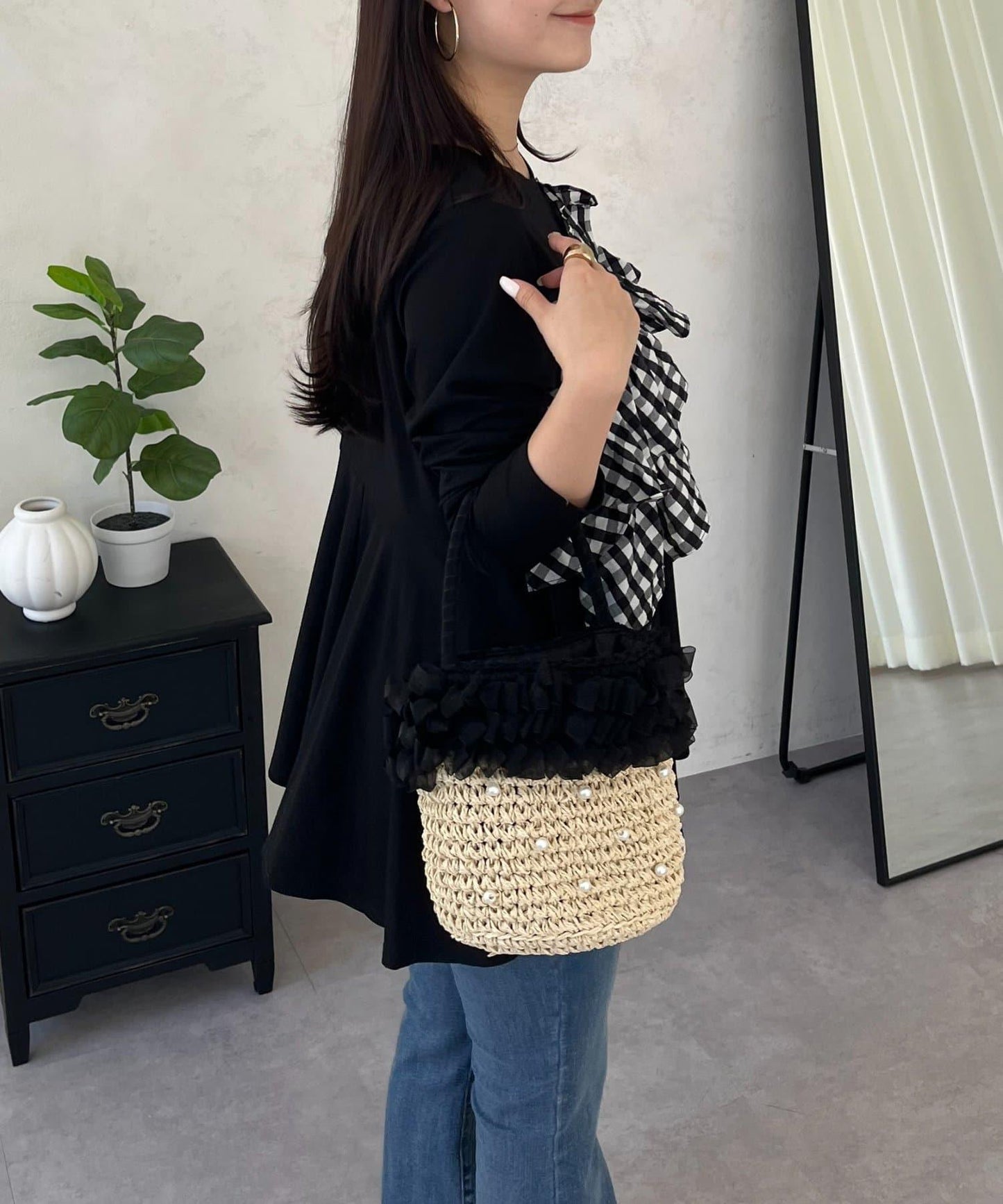 格紋荷葉邊收腰 長袖T恤