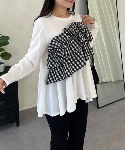 格紋荷葉邊收腰 長袖T恤