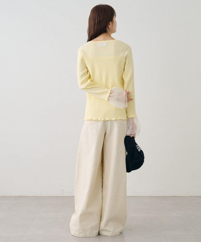 網紗拼接袖 羅紋 針織開衫