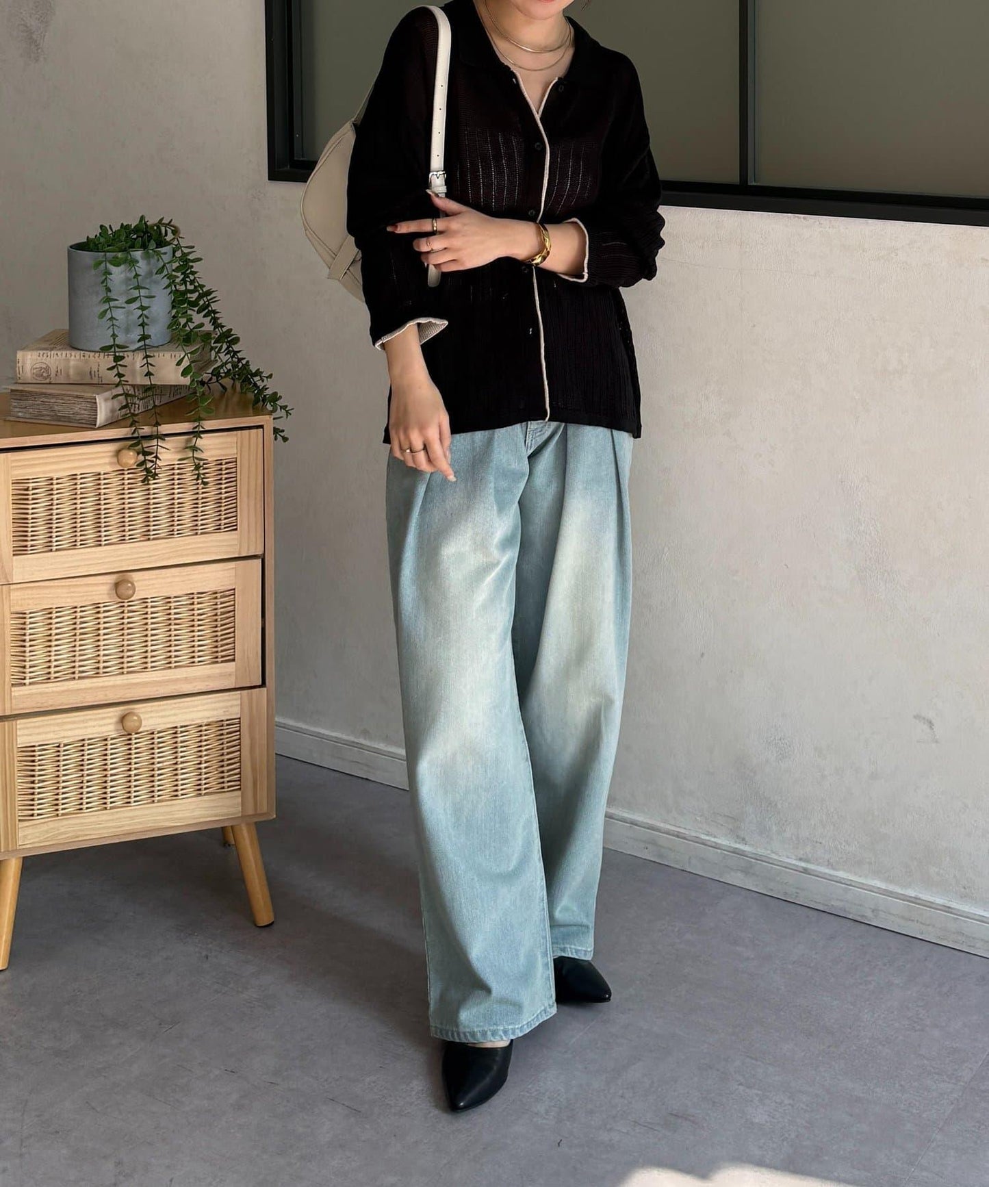 拼色 翻領 透膚針織開衫