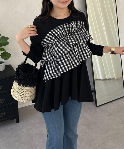 格紋荷葉邊收腰 長袖T恤