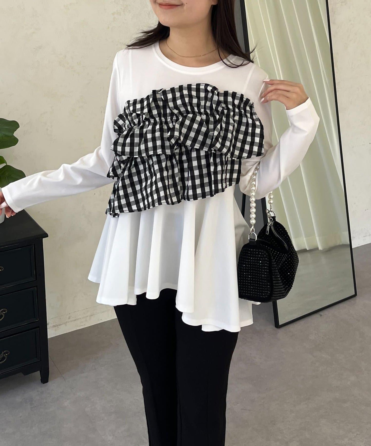 格紋荷葉邊收腰 長袖T恤