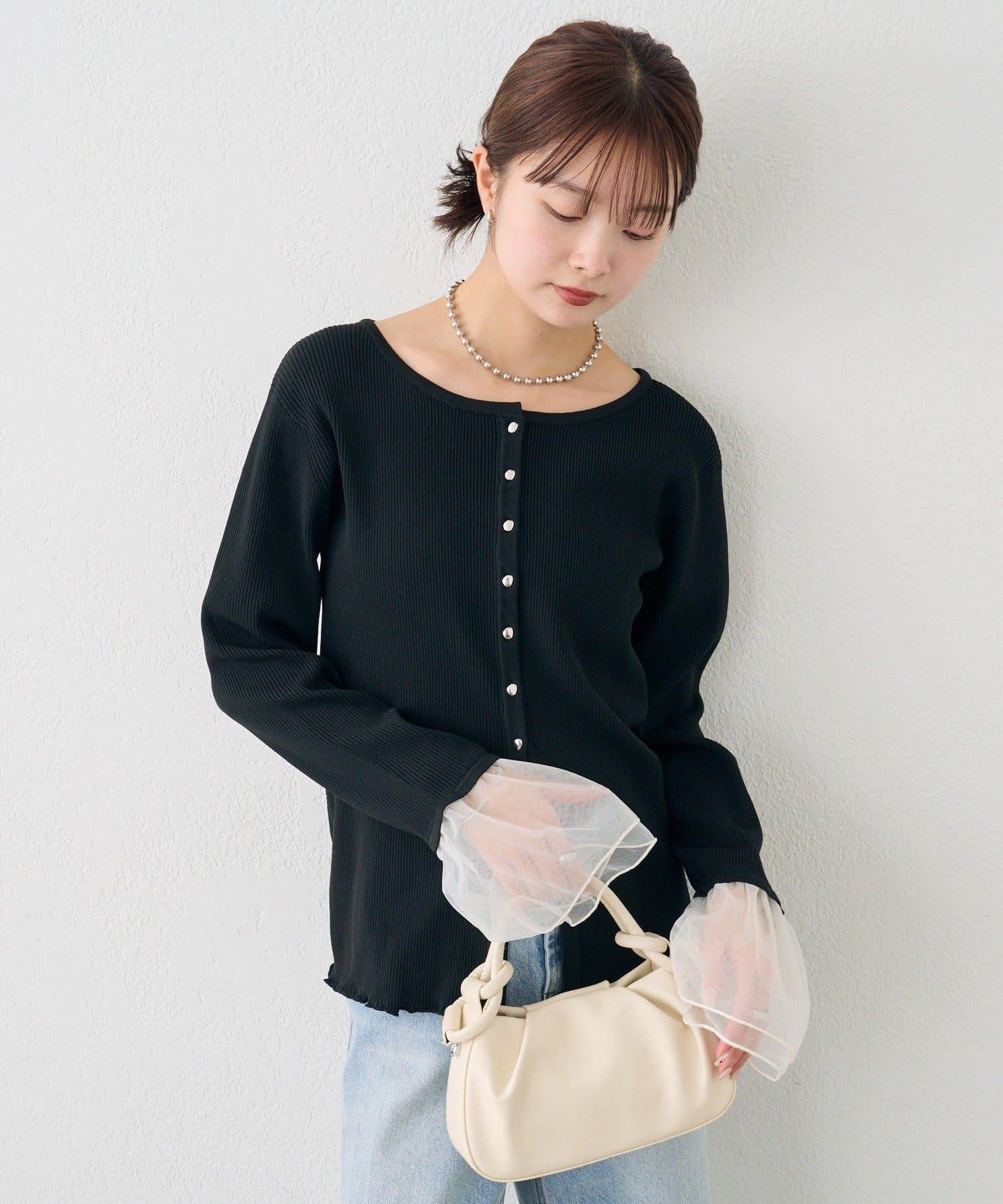 網紗拼接袖 羅紋 針織開衫