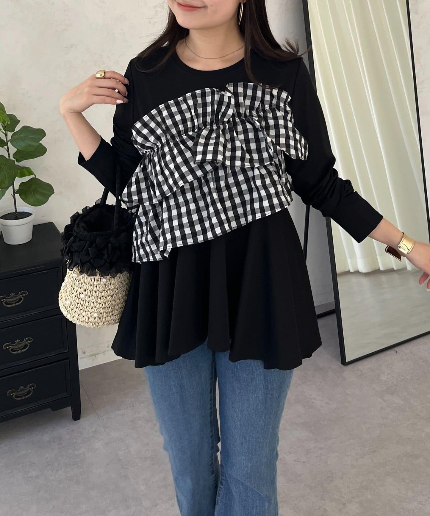 格紋荷葉邊收腰 長袖T恤