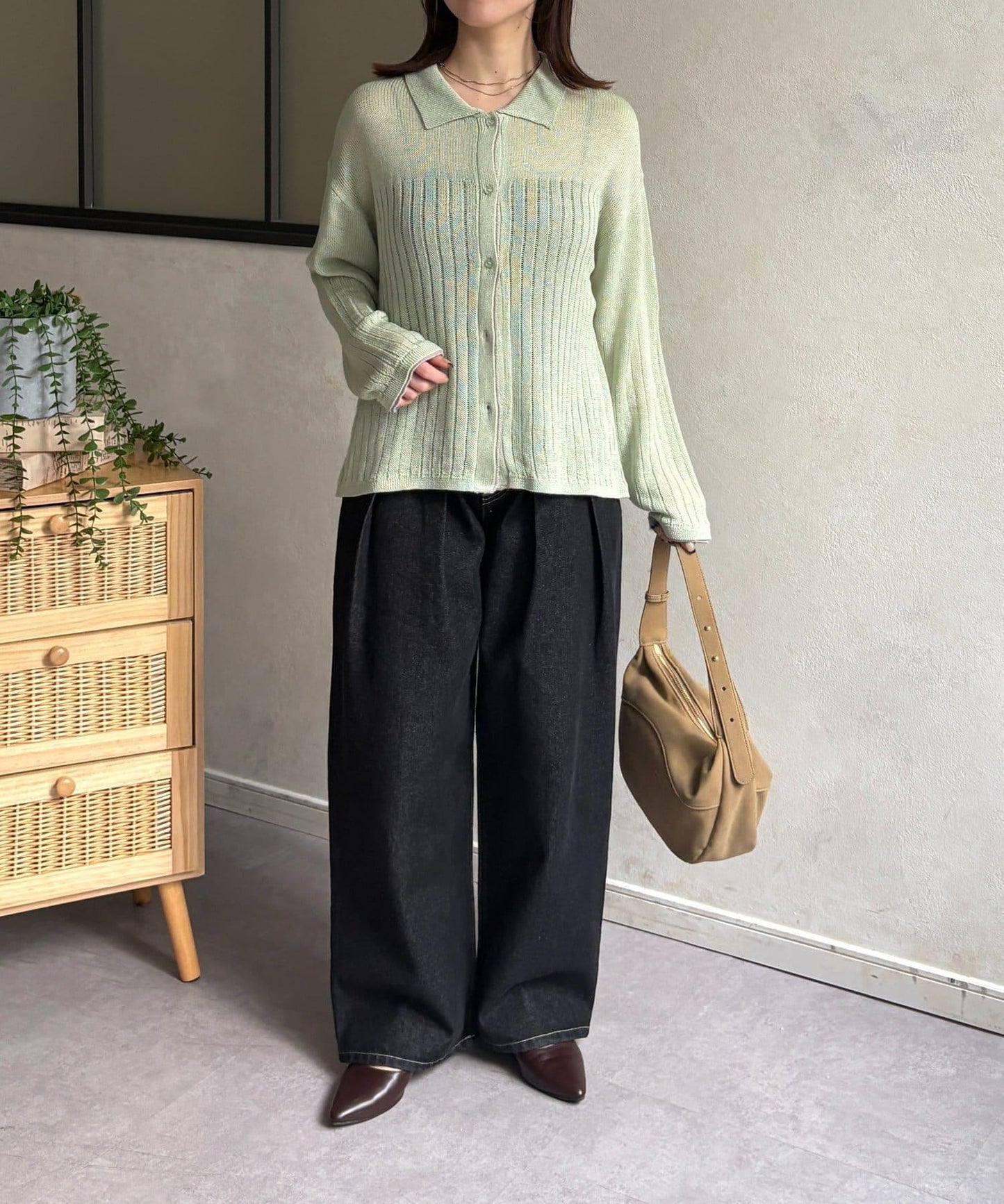 拼色 翻領 透膚針織開衫