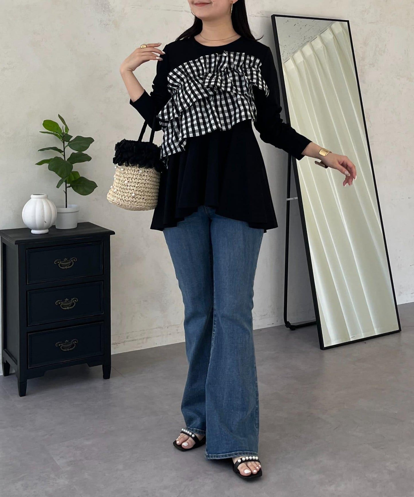 格紋荷葉邊收腰 長袖T恤