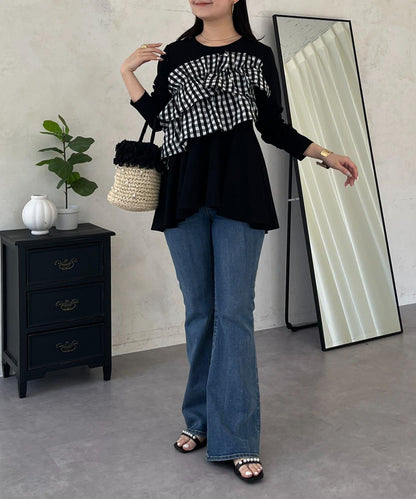 格紋荷葉邊收腰 長袖T恤