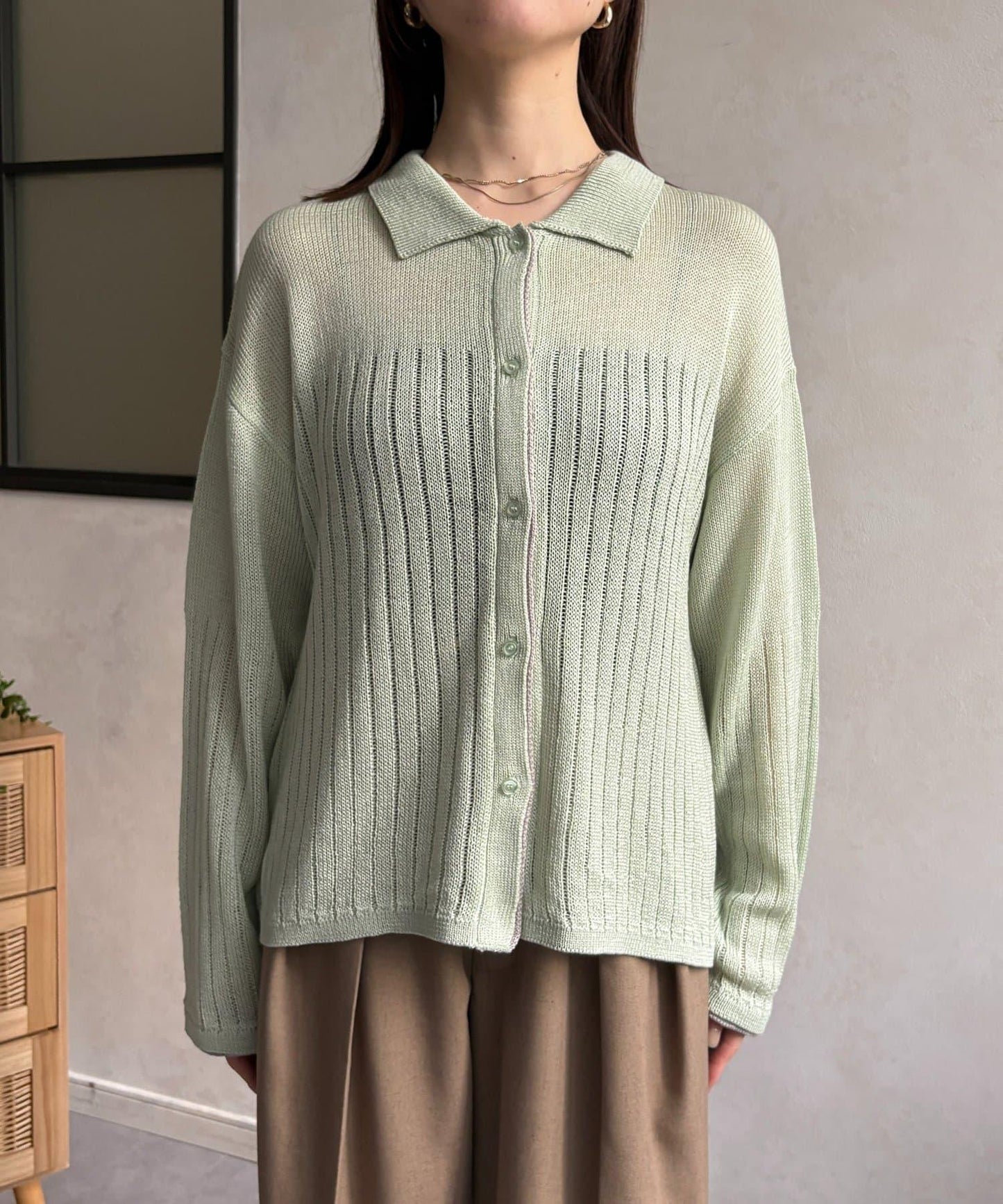 拼色 翻領 透膚針織開衫