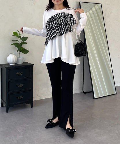 格紋荷葉邊收腰 長袖T恤