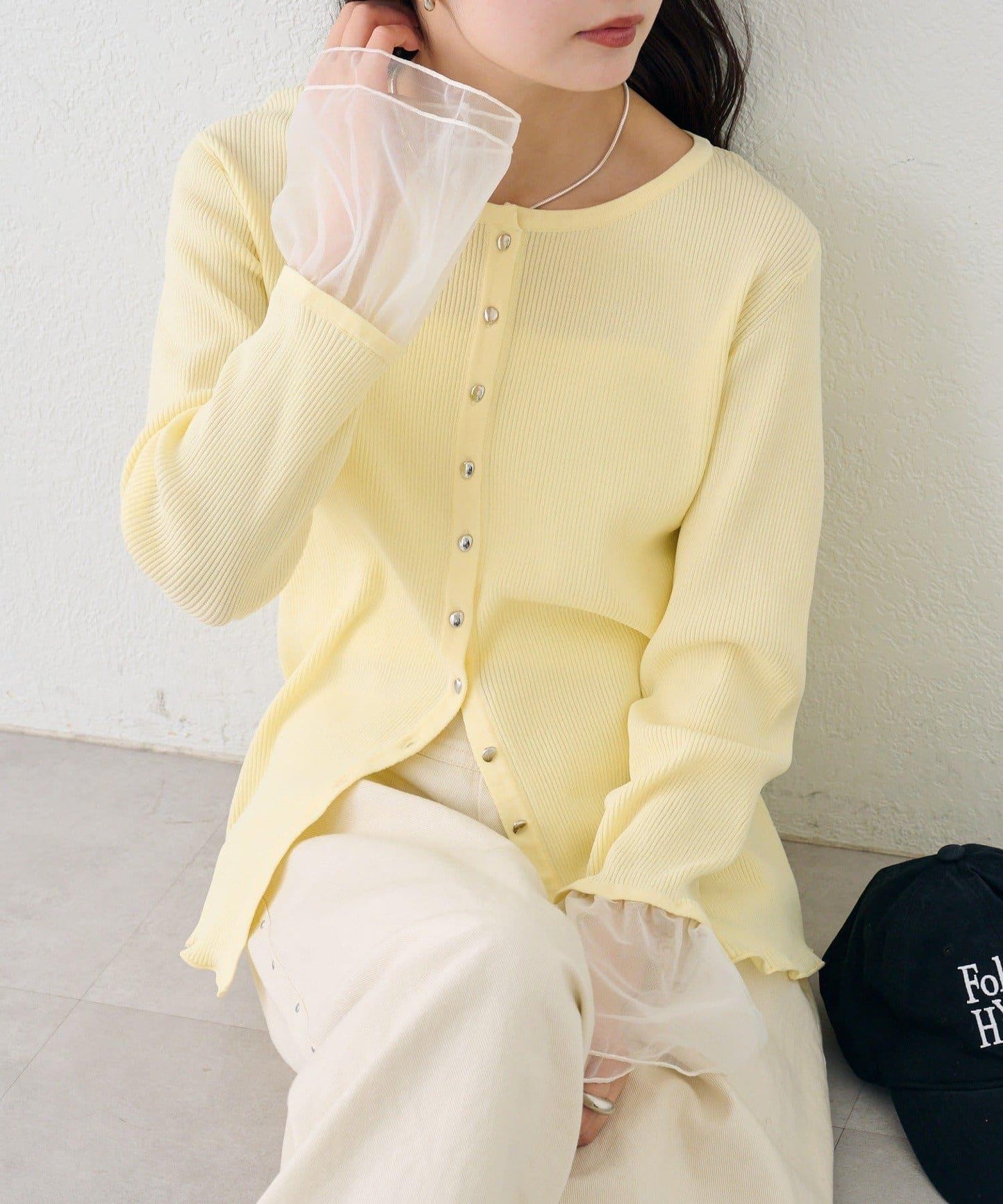 網紗拼接袖 羅紋 針織開衫