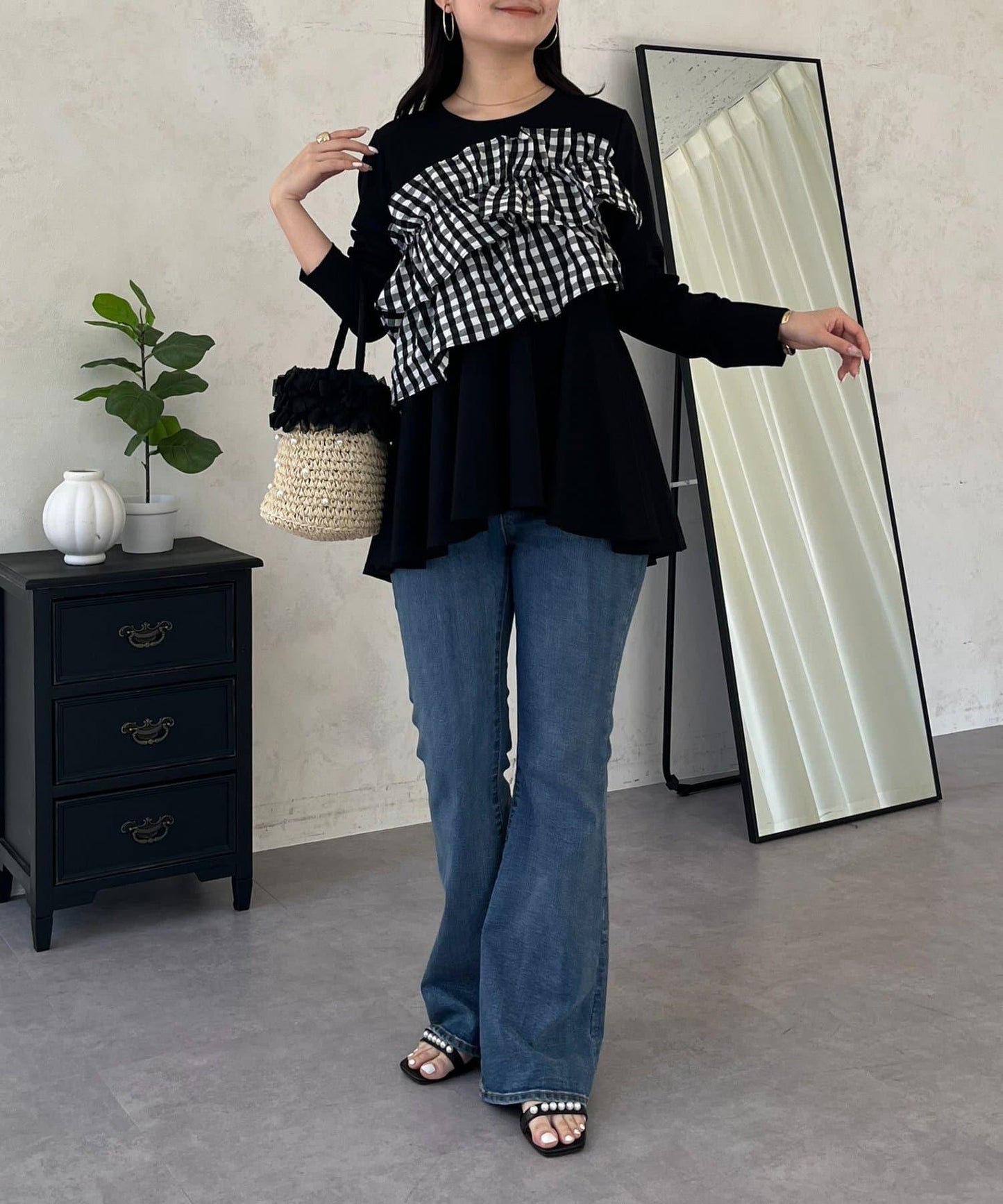 格紋荷葉邊收腰 長袖T恤