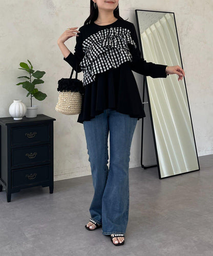 格紋荷葉邊收腰 長袖T恤