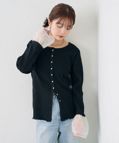 網紗拼接袖 羅紋 針織開衫