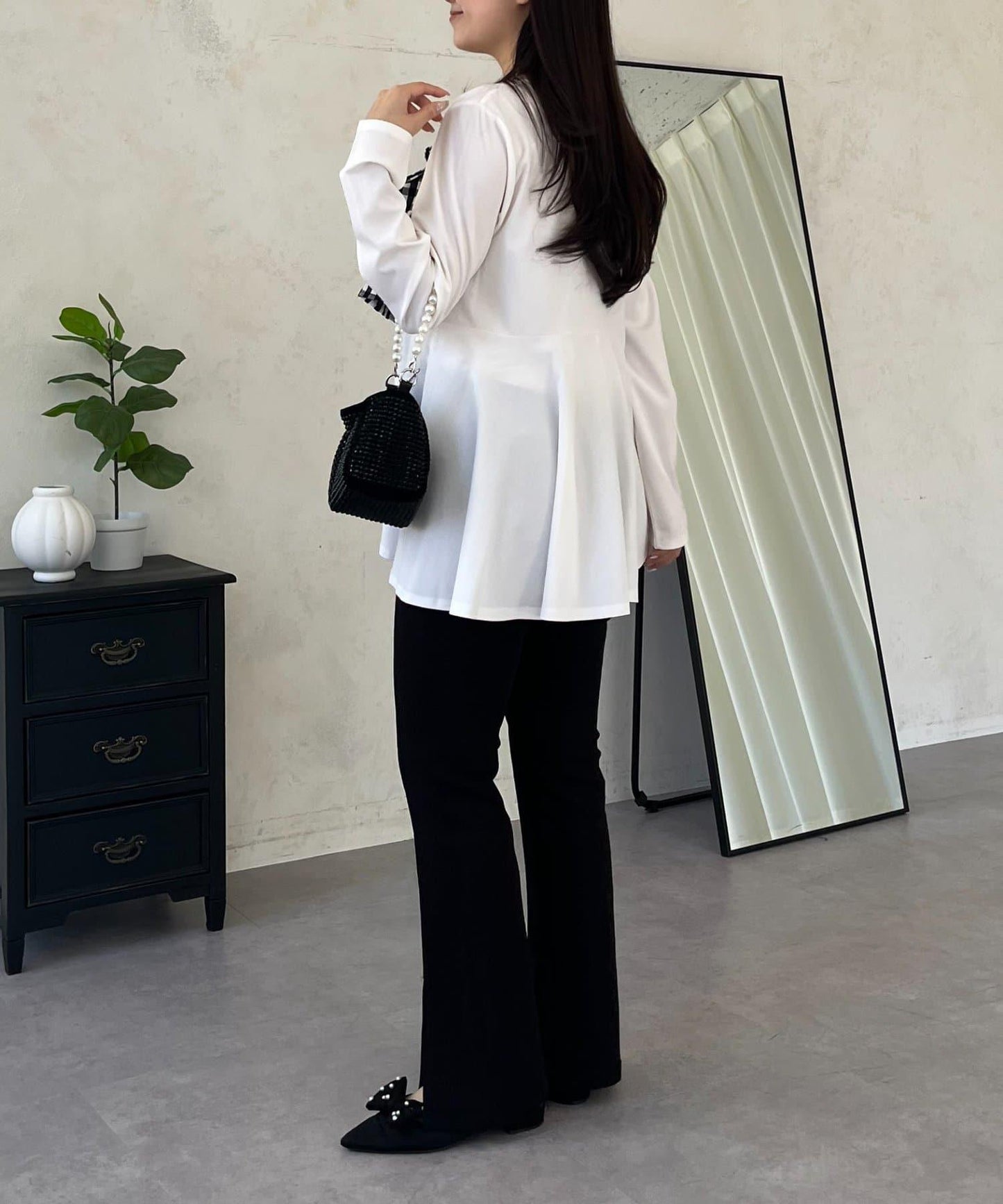 格紋荷葉邊收腰 長袖T恤