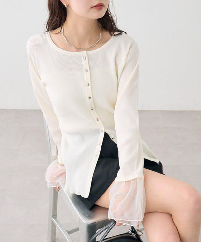 網紗拼接袖 羅紋 針織開衫