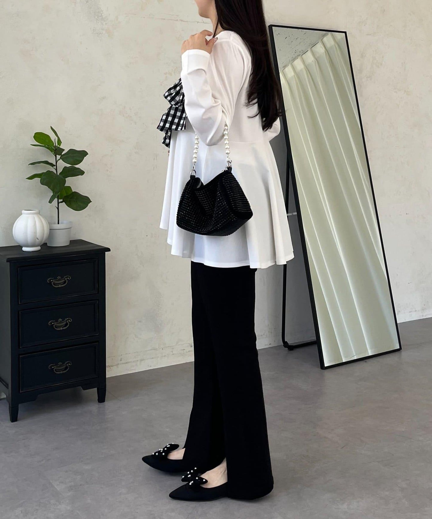 格紋荷葉邊收腰 長袖T恤