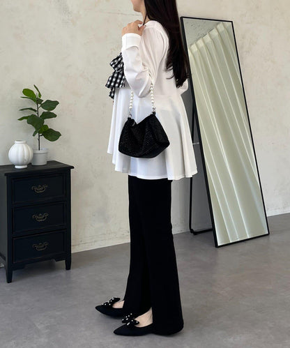 格紋荷葉邊收腰 長袖T恤