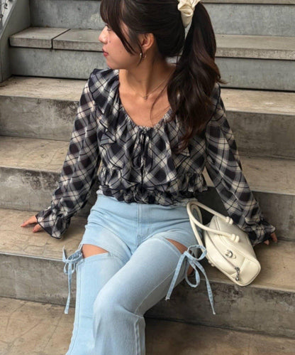 荷葉邊襯衫&抽褶吊帶上衣