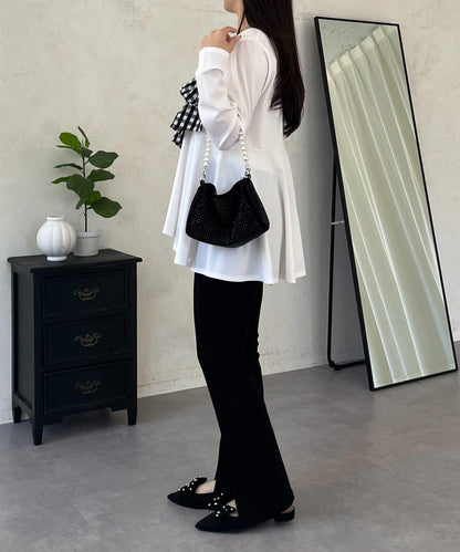 格紋荷葉邊收腰 長袖T恤