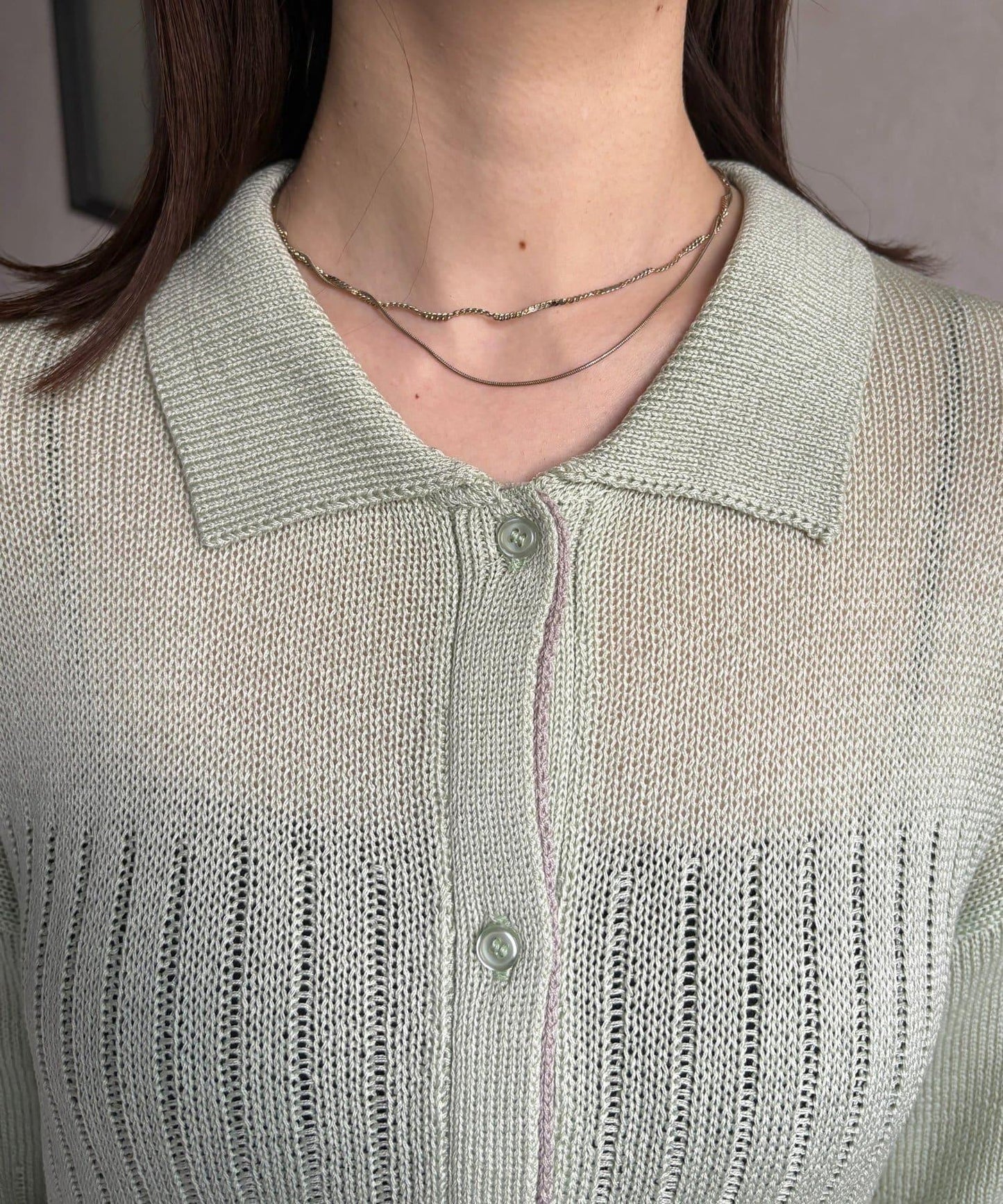 拼色 翻領 透膚針織開衫