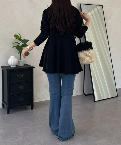 格紋荷葉邊收腰 長袖T恤