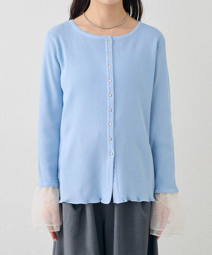 網紗拼接袖 羅紋 針織開衫