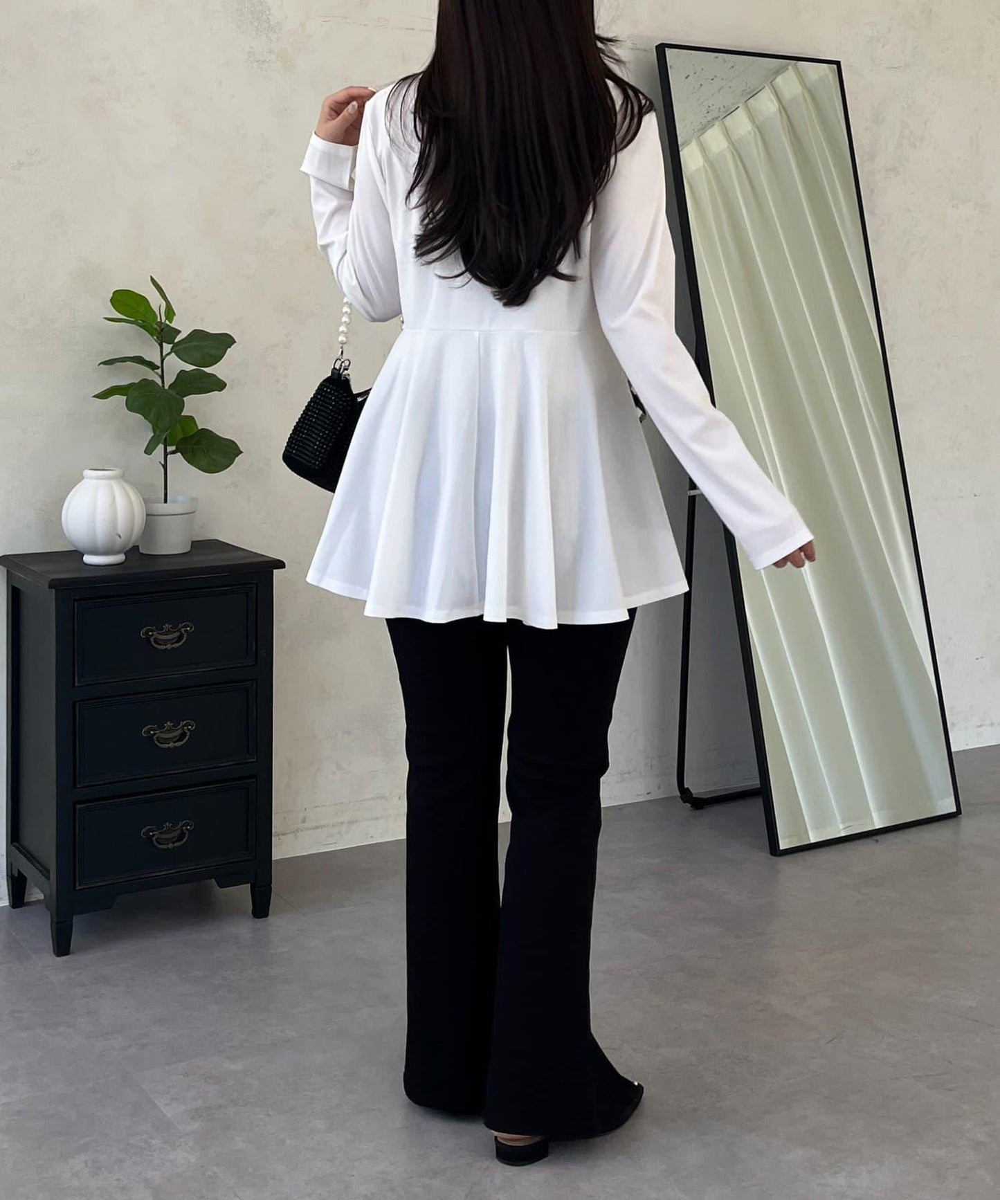 格紋荷葉邊收腰 長袖T恤