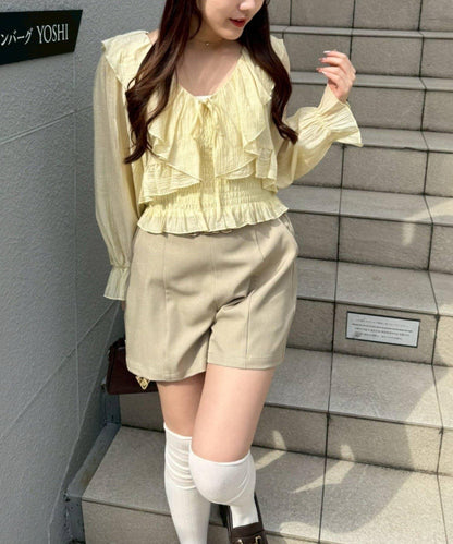 荷葉邊襯衫&抽褶吊帶上衣