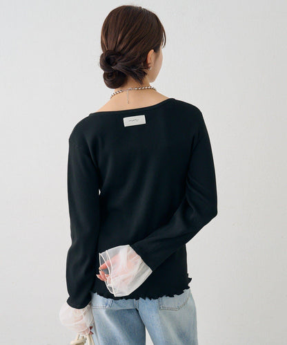 網紗拼接袖 羅紋 針織開衫