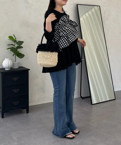 格紋荷葉邊收腰 長袖T恤