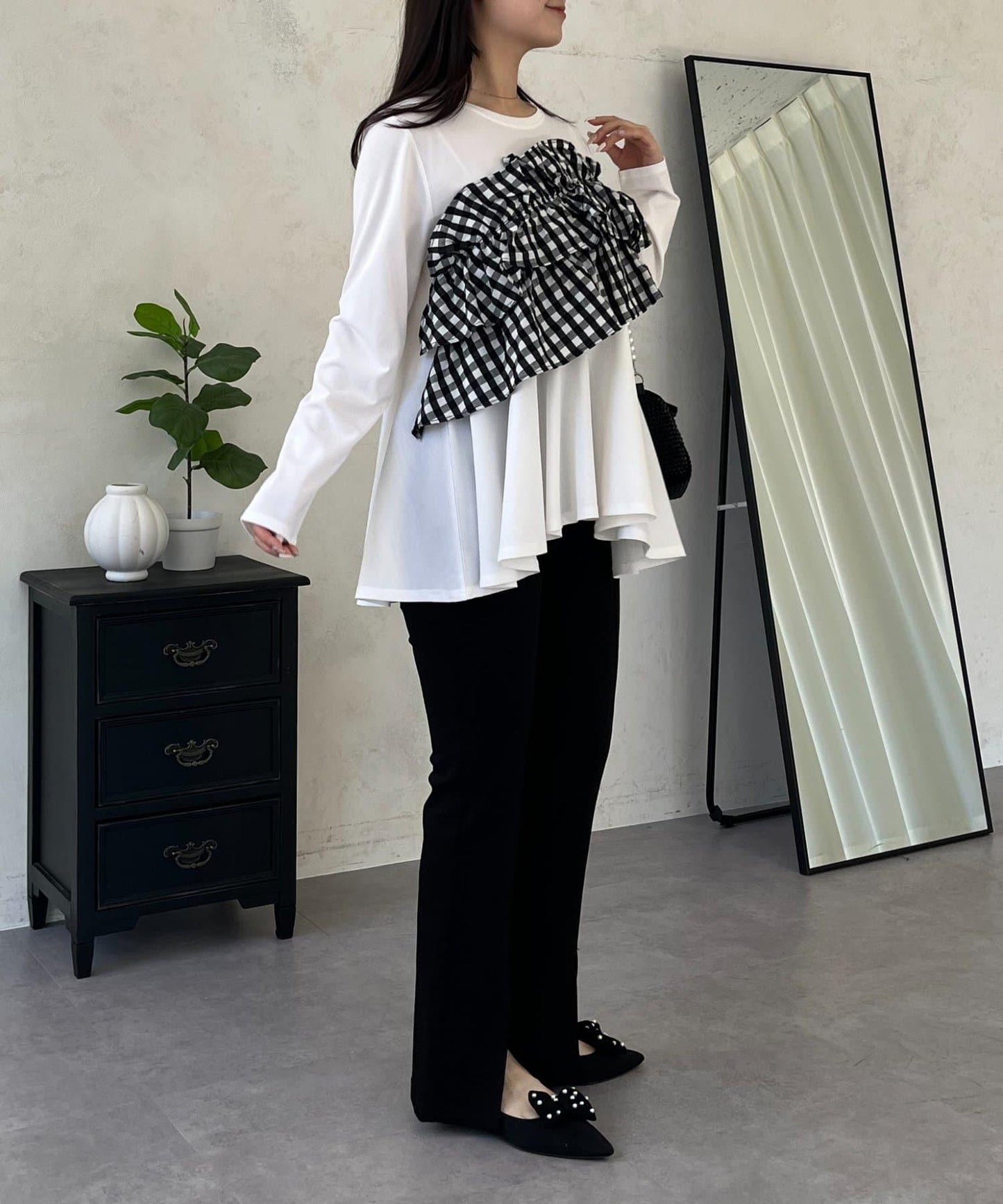 格紋荷葉邊收腰 長袖T恤