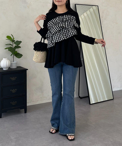 格紋荷葉邊收腰 長袖T恤