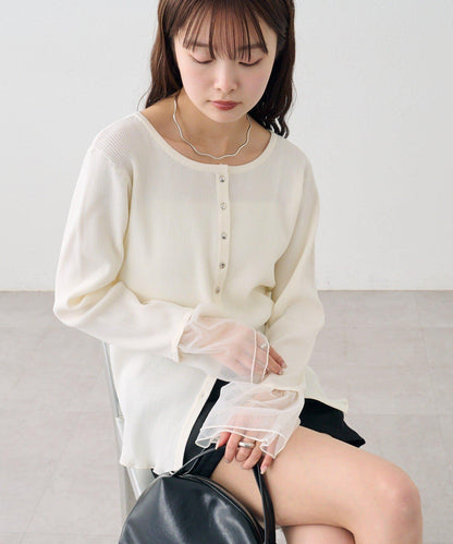 網紗拼接袖 羅紋 針織開衫