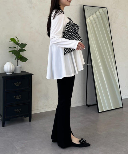 格紋荷葉邊收腰 長袖T恤